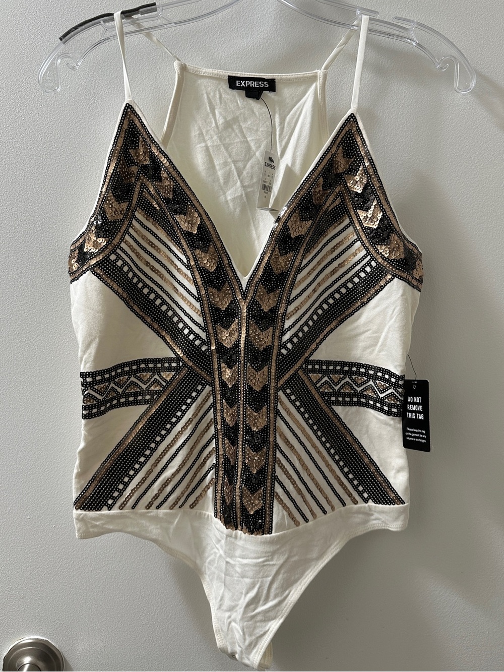 Express Cream Sequin-Embellished V-Neck Bodysuit